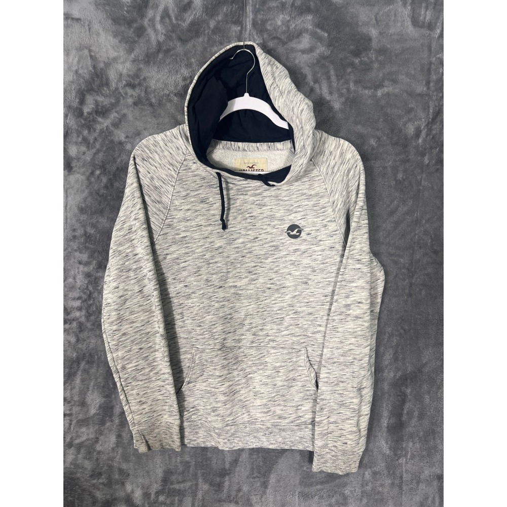 Hollister Mens Small Grey Space Dye Pullover Hoodie Navy Lined Logo Sweatshirt